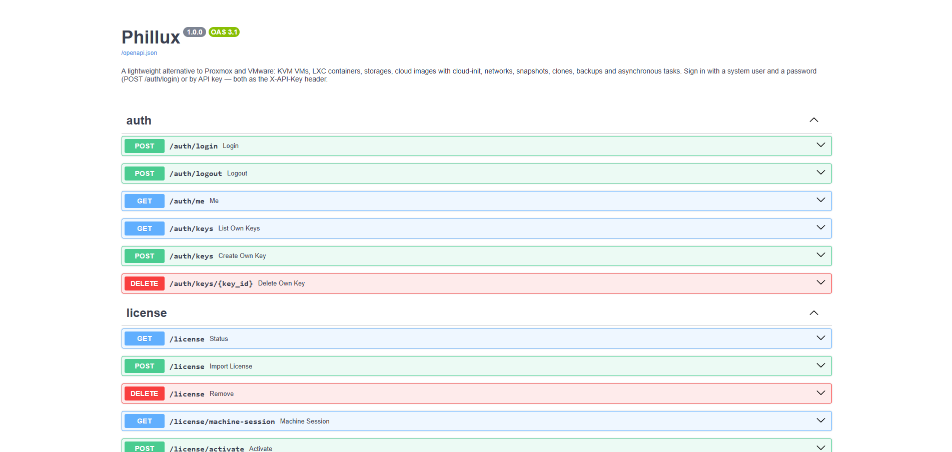 The interactive API documentation of Phillux, generated from the program itself