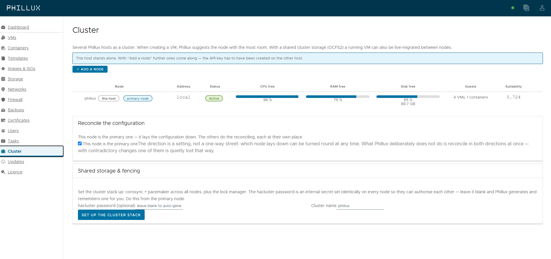 Cluster view: nodes with free CPU, RAM and disk, a suitability score, and the setup for shared storage and fencing