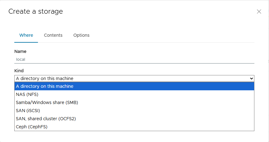 The “Create a storage” dialogue with the kinds on offer: a directory, NAS (NFS), Samba/SMB, SAN (iSCSI), shared cluster SAN (OCFS2) and Ceph (CephFS)