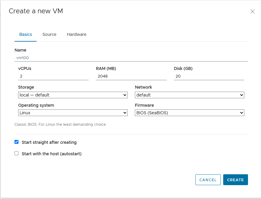 The “Basics” tab of the “Create a new VM” dialogue with name, vCPUs, RAM, disk, storage, network, operating system and firmware