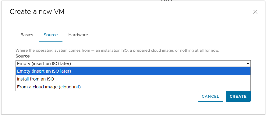 The “Source” tab offering an installation ISO, a prepared cloud image with cloud-init, or nothing at all for now