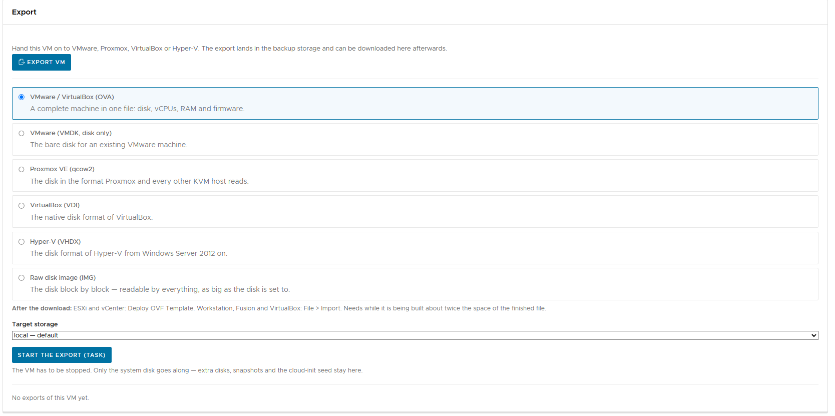The export panel of a VM with the targets on offer: OVA for VMware and VirtualBox, VMDK, qcow2, VDI, VHDX and a raw image