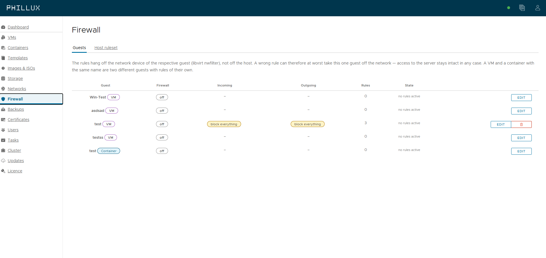 Firewall rules per guest, applied to each guest's network device