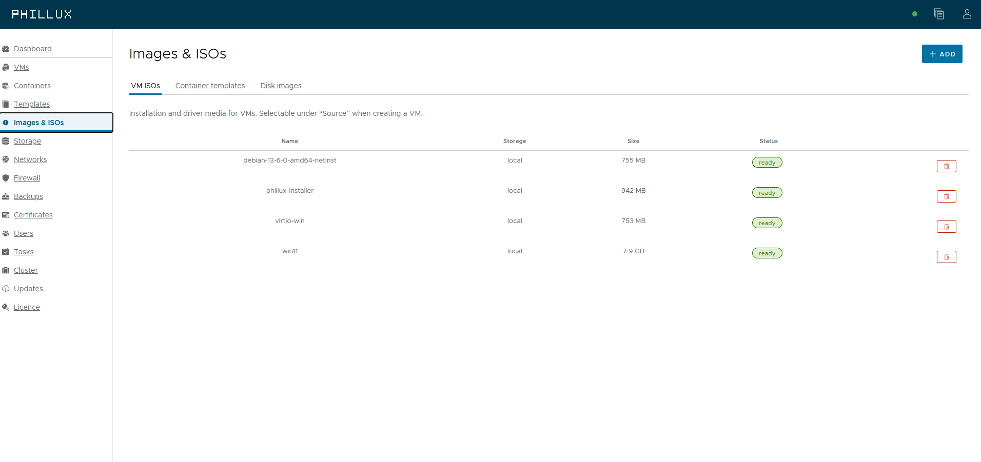 Images & ISOs: Debian netinst, virtio-win drivers and a Windows 11 image, all ready