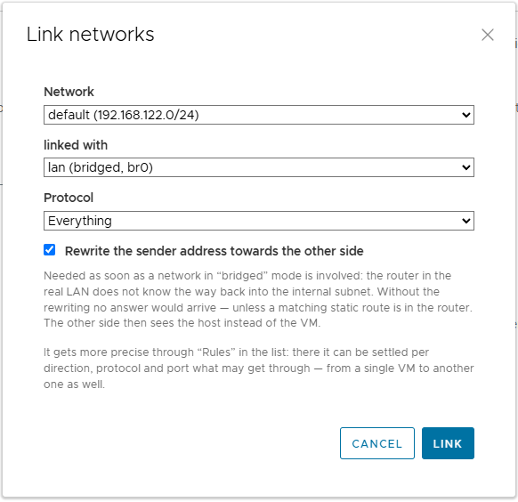 The “Link networks” dialogue with the two networks, the protocol and the option to rewrite the sender address