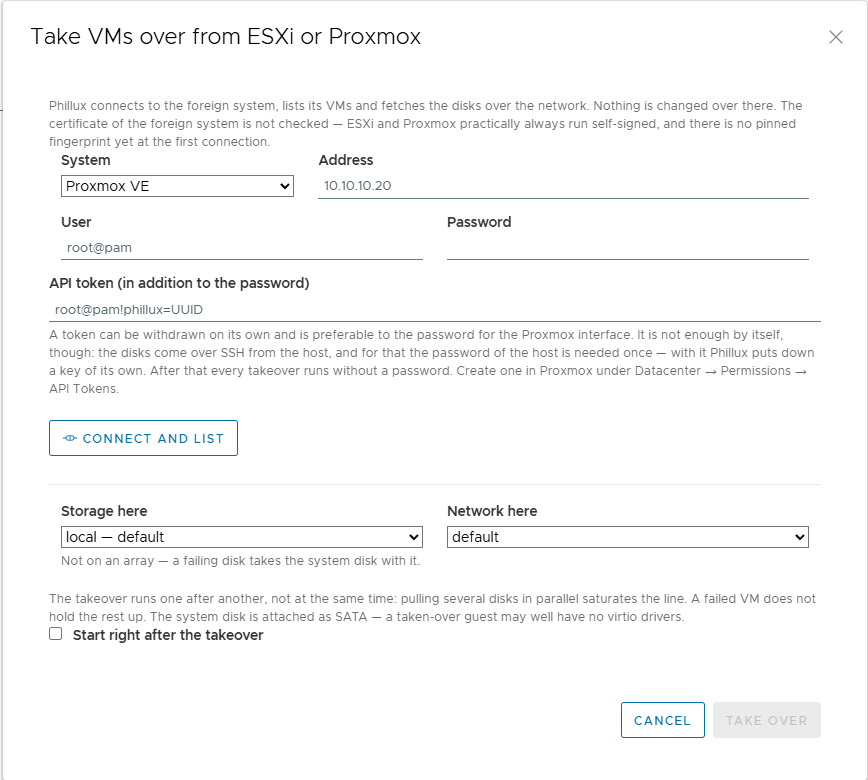 The “Take VMs over from ESXi or Proxmox” dialogue with system, address, credentials and the storage the guest is to land on