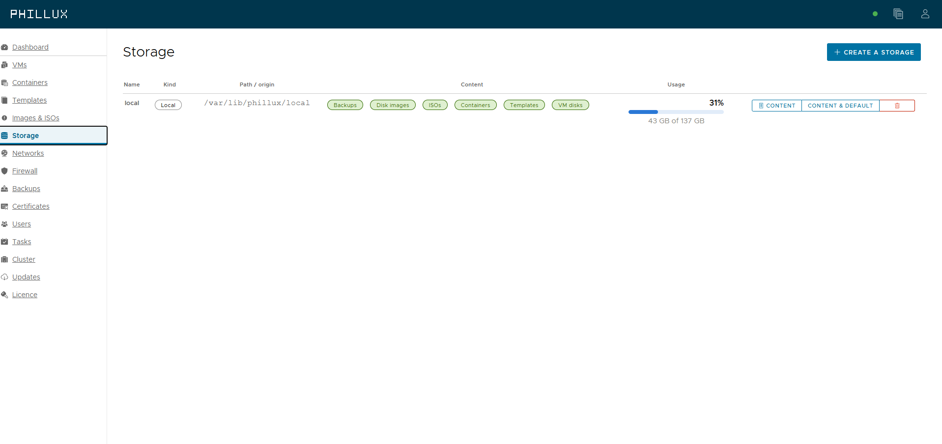 Storage with content types and usage bar
