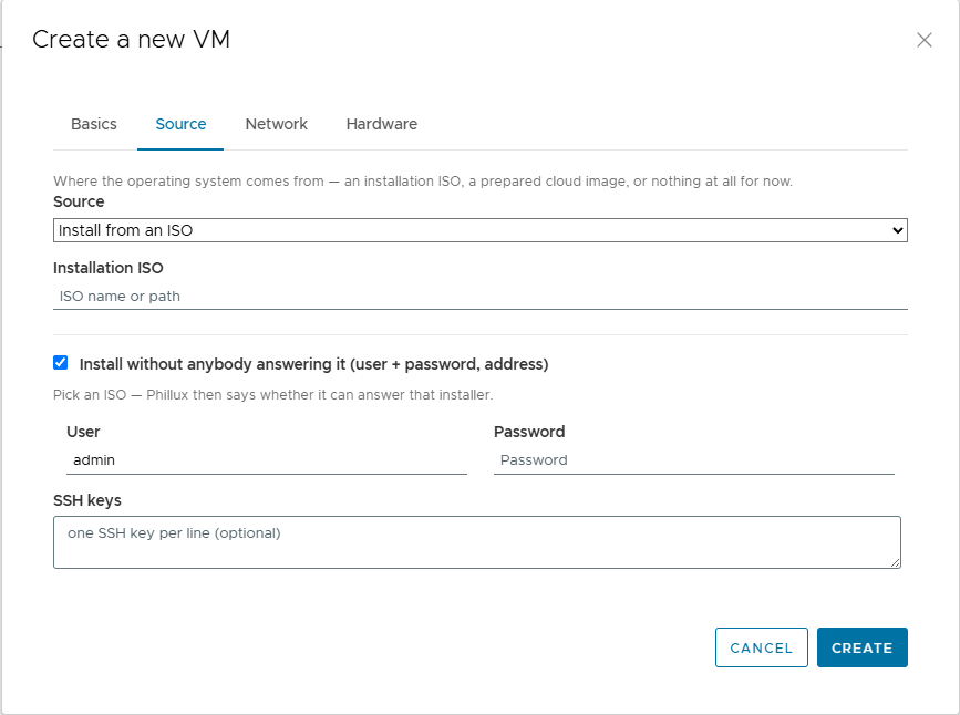 The “New VM” dialogue with “Install without anybody answering it” ticked, and the fields for user, password and SSH keys