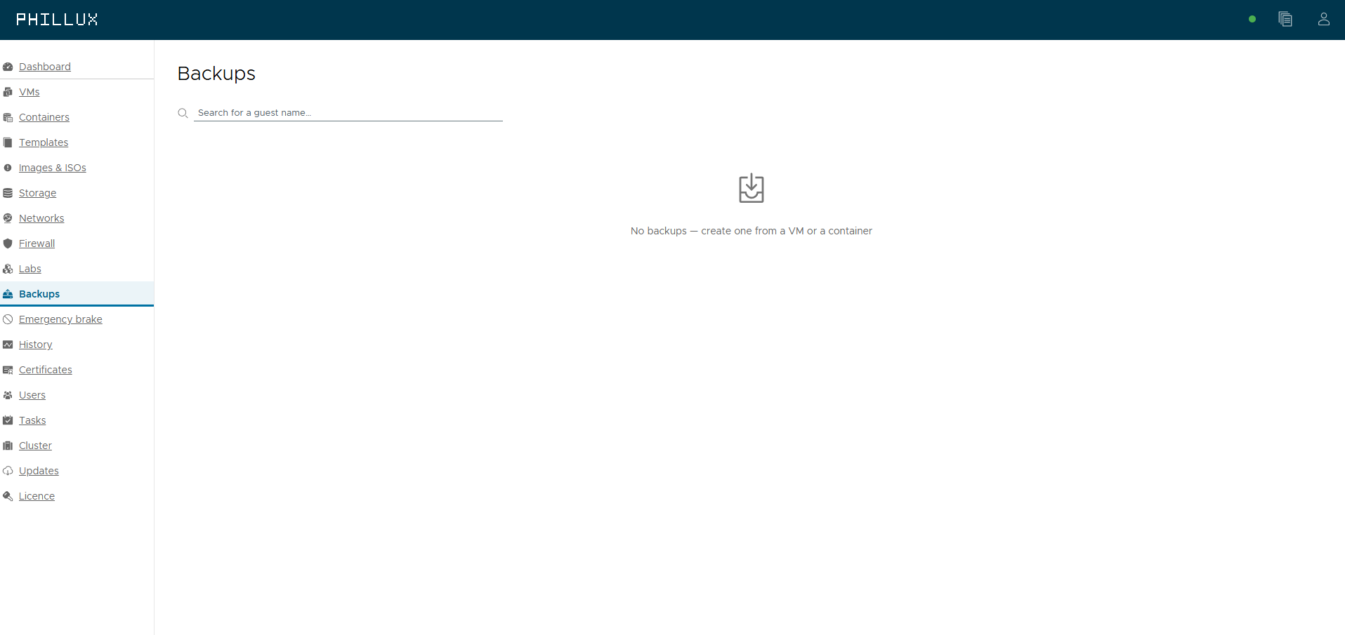 The backup page in Phillux with the search for a guest