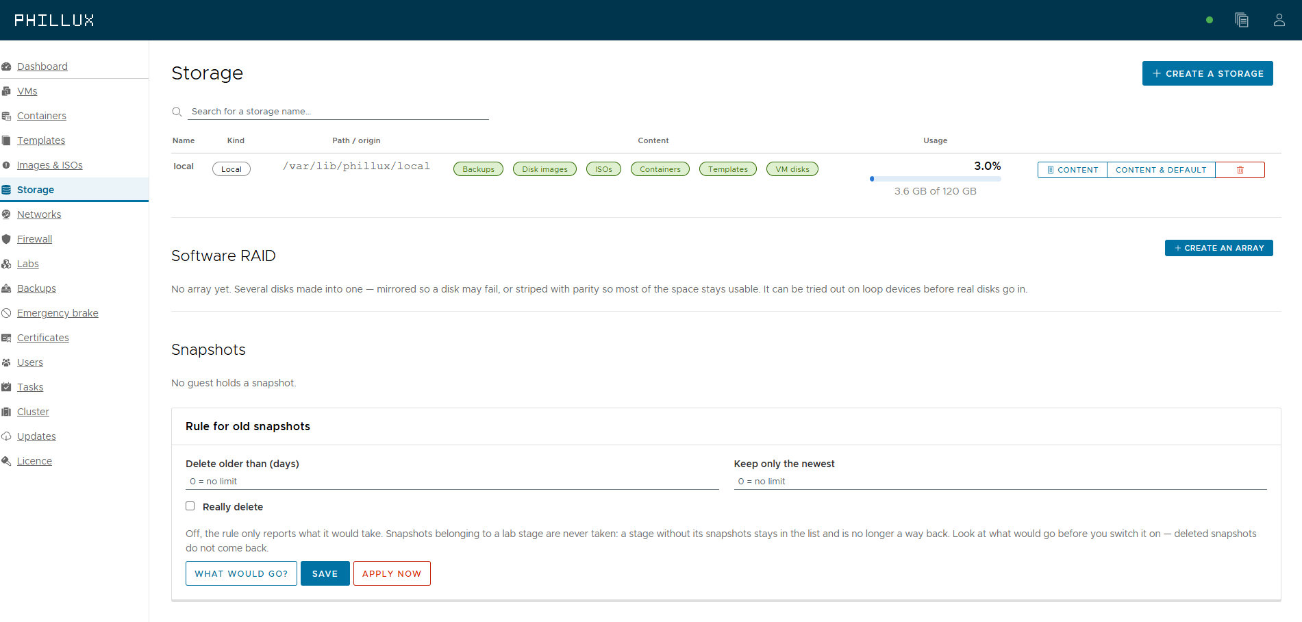 The storage page in Phillux with the “local” storage, the software RAID section and the rule for old snapshots