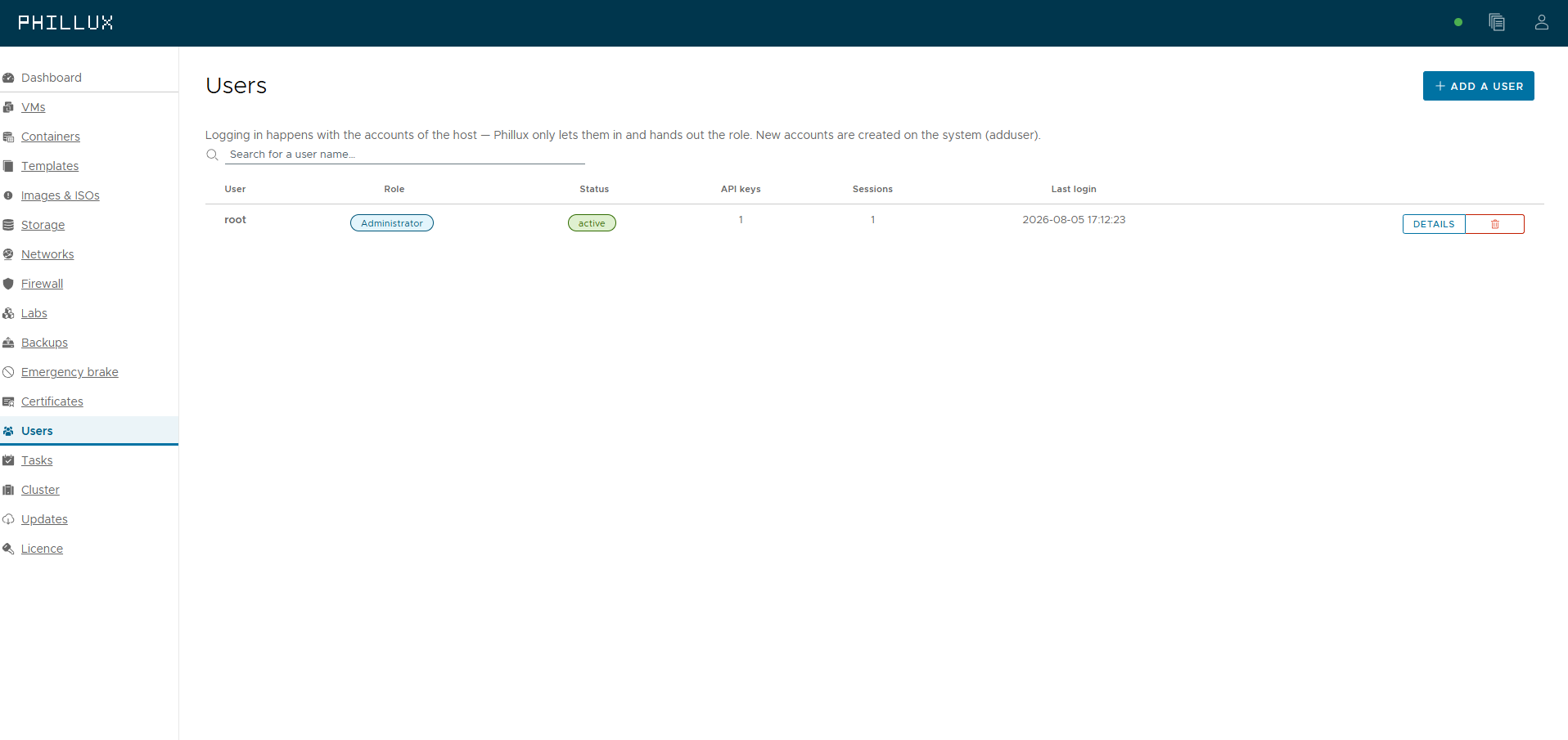 The user page in Phillux with roles, API keys and sessions