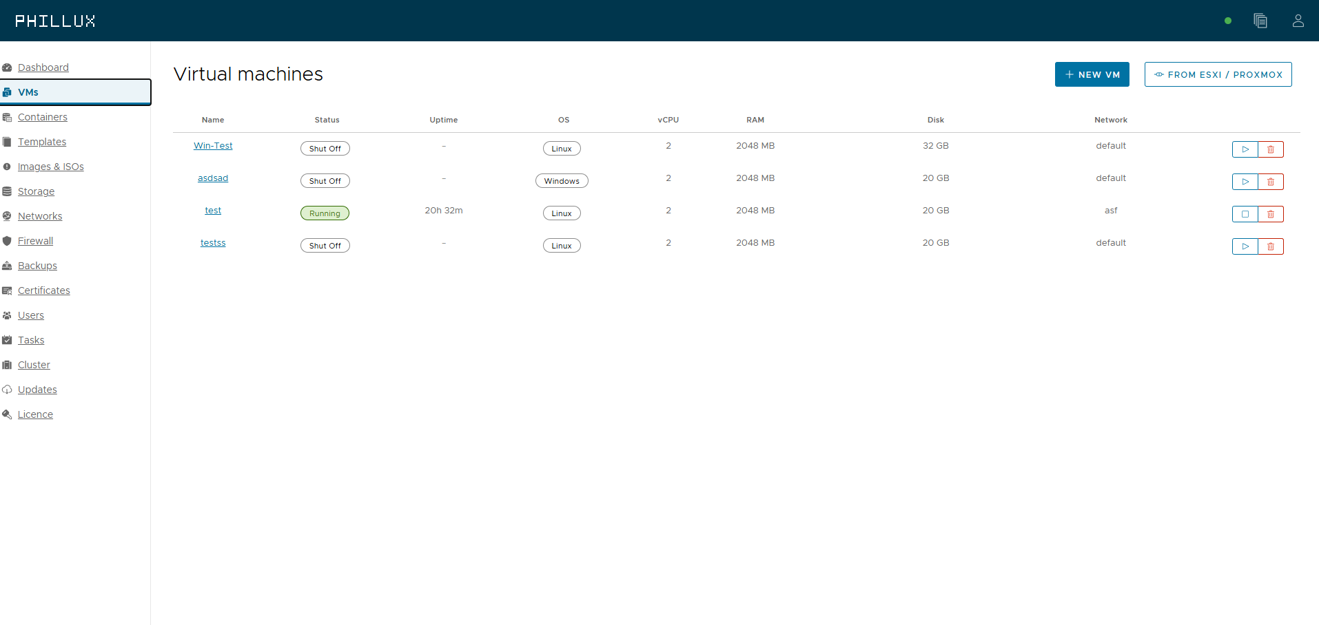 List of virtual machines with status, OS, vCPU, RAM, disk and network